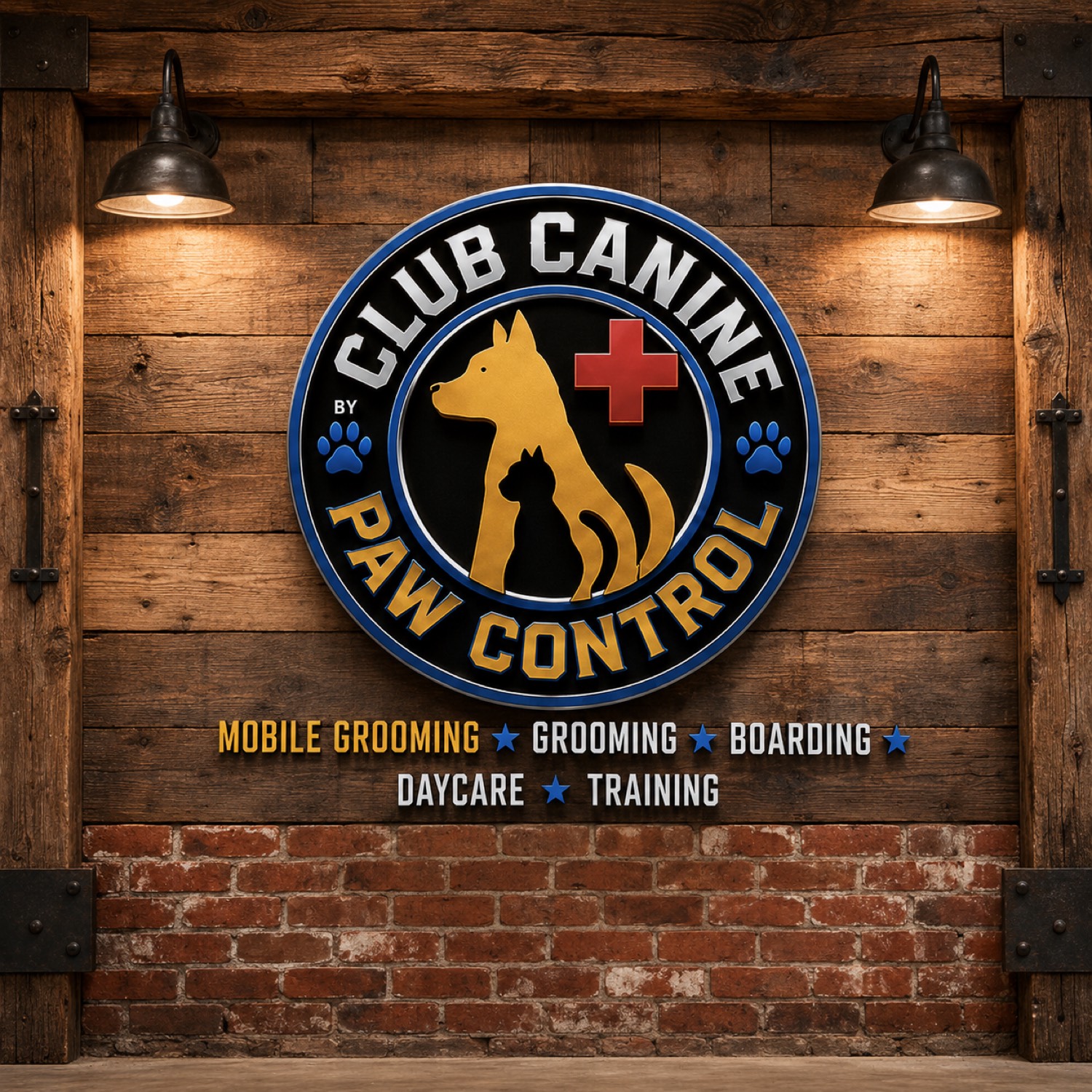 Club Canine by Paw Control brick sign at the ranch entrance